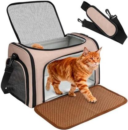 Cat Carrier - Cat Carrier Soft with Plush Pad & Cooling Mat, Easy-Load 4-Side Zipper & 3-Side Mesh Ventilation, Pet Carrier Airline Approved for Cats/Dogs Up to 16 lbs, Brown
