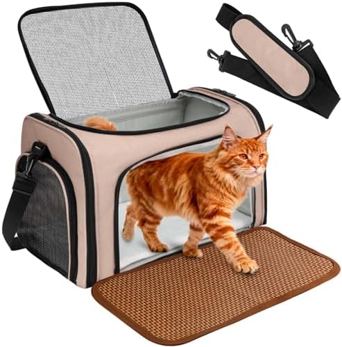 Cat Carrier - Cat Carrier Soft with Plush Pad & Cooling Mat, Easy-Load 4-Side Zipper & 3-Side Mesh Ventilation, Pet Carrier Airline Approved for Cats/Dogs Up to 16 lbs, Brown