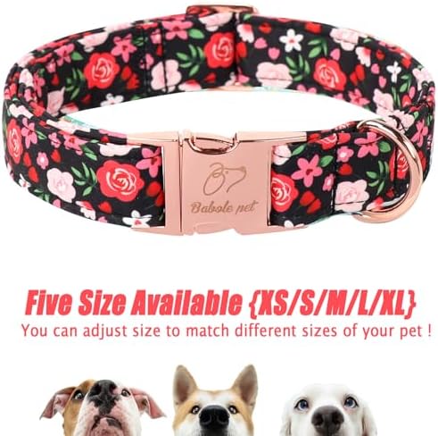 Floral Dog Collar - Rose Red Wild Flowers Pattern Cute Puppy Collar, Adjustable Winter Holiday Metal Buckle Dog Collars for Small Medium Large Dogs L