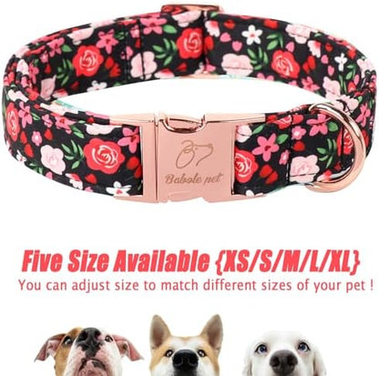 Floral Dog Collar - Rose Red Wild Flowers Pattern Cute Puppy Collar, Adjustable Winter Holiday Metal Buckle Dog Collars for Small Medium Large Dogs XL