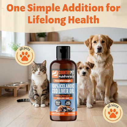 Wild-Caught Pure Icelandic Cod Liver Oil for Dogs & Cats 8oz, Single-Ingredient, 1150 mg Omega-3, High EPA/DHA, Natural Vits A&D, Supports Healthy Skin, Coat & Mobility, 8oz bottle