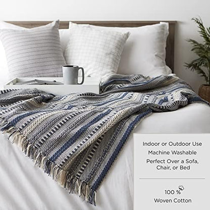 DII Modern Zig Zag Throw Blanket Woven Cotton, Hand-Knotted 2.5" Fringe, 50x60, Black