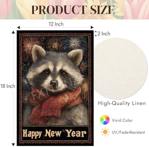 Happy New Year Garden Flag 12x18 Double Sided Vertical Linen Small Fireworks Raccoon House Flag Welcome Holiday Winter House Outdoor Outside Decorations (27168)
