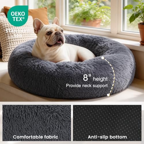 Love's cabin Calming Cat Bed for Indoor Cats, Anti-Anxiety Donut Round Dog Bed,Fluffy Faux Fur Washable Pet Bed for Small Medium Dogs and Cats, Bluish Grey, 24in