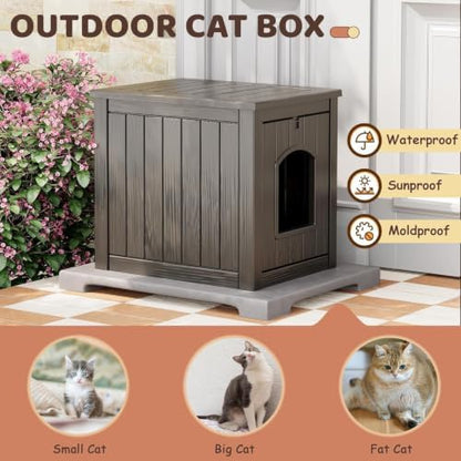 Cat Litter Box Enclosure, Weatherproof Multi-Use Resin Hidden Litter Cabinet, Indoor Outdoor Anti-Scratch Pet Litter Box Furniture, Tool-Free Assembly & Easy Clean, Gray
