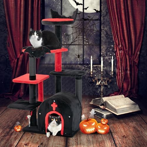 Tangkula Gothic Cat Tree, 53 Inch Black Cat Tower with Coffin Bed, Condo, Scratching Posts, Spider Pompom & Spring Balls, Halloween Pet Furniture, Spooky Goth Cat Tree for Indoor Cats