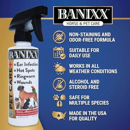 BANIXX Horse and Pet Care Spray for Horses, Dogs and Cats, Daily Skin and Coat Care Spray, Alcohol-Free, Non-Staining, No Odor, Made in USA, Grooming and Hoof Care Formula, 8 oz