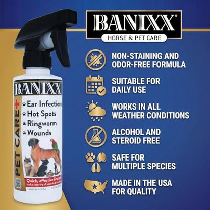 BANIXX Horse and Pet Care Spray for Horses, Dogs and Cats, Daily Skin and Coat Care Spray, Alcohol-Free, Non-Staining, No Odor, Made in USA, Grooming and Hoof Care Formula, 8 oz