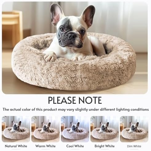 JOLLYVOGUE Calming Small Dog & Cat Bed for Indoor Cats - 20 inches Washable Donut Bed for Kittens & Puppies, Anti-Anxiety Round Fluffy Plush Pet Beds (Fits up to 15 lbs, Cream Brown)