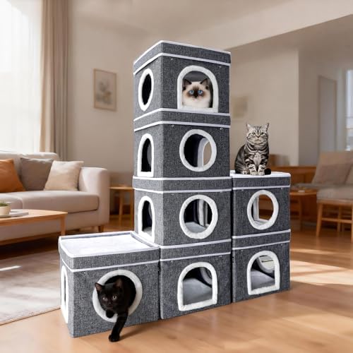 Cat Bed for Indoor Cats Cube House,Bedsure Cat Beds for Indoor Cats - Large Cat Cave for Pet Cat HouseFoldable Cat Hideaway,DIY Free Combination Configurable Play Tower Condo for Cats（5 piece）