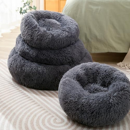 Cat Bed Small Dog Bed for Indoor Cats, Self-Warming Ultra-Soft Plush Calming Kitten Bed, Rabbit Pillow Pet Beds Non-Slip Machine Washable Dark Gray 17.5" Up to 10lbs