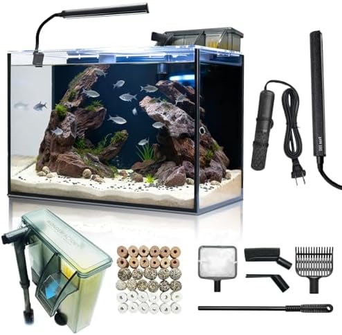 10 Gallon Aquarium Set Glass Fish Tank, Heater Self Cleaning System Filter with Media Bright Light Cleaning Tool, Leak-Proof Clear Rimless Betta Tropical Freshwater Fish