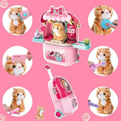 MAGIC4U Pet Cat Care Carrier Suitcase Toy, 29PCS Vet Clinic and Doctor Kit for Kids, Pet Kitty Grooming Feeding Toys, Veterinarian Pretend Play Set, Gifts for Boys and Girls Ages 3-12