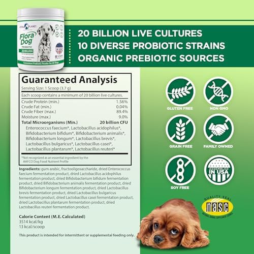 Vital Planet - Flora Dog Probiotic Powder Supplement with 20 Billion Cultures and 10 Strains, High Potency Immune and Digestive Support Probiotics for Dogs, 3.92 oz., 111 Grams, 30 Servings