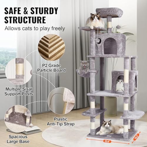 VEVOR Cat Tree for Indoor Cats, 68.5" Cat Tower with 2 Cat Condos, Sisal Scratching Post, Hammock, Top Perch, Jumping Platforms, Large Cat Furniture Activity Center with Hang Ball, Light Grey