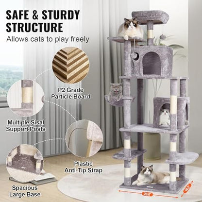 VEVOR Cat Tree for Indoor Cats, 68.5" Cat Tower with 2 Cat Condos, Sisal Scratching Post, Hammock, Top Perch, Jumping Platforms, Large Cat Furniture Activity Center with Hang Ball, Light Grey