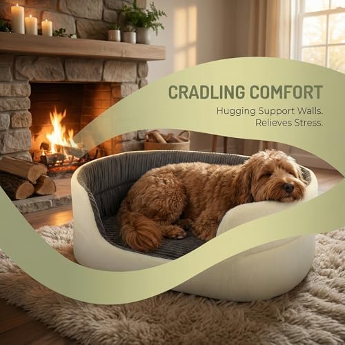 Large Dog Bed Cat Bed 20x30 Inch,Calming Pet Bed for Dogs & Cats,Machine Washable Dog Bed,Half-Enclosed Open-Top Velvet Anti-Anxiety Bed,Cozy Snuggle Bed (White)