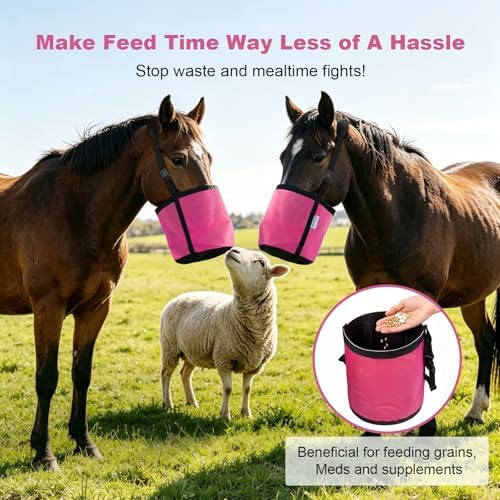 Horse Feed Bag for Grain, Breathable Muzzle Feed Bags for Horses, Universal Mesh Feedbag for Feeding Grain, Anti-Spill Design Feeder, Durable Nose Bag with Solid Bottom (Pink)