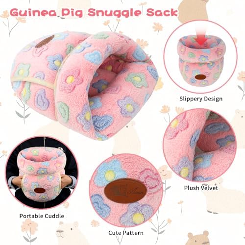 YUEPET Guinea Pig Bed Cuddle Cave, Warm Fleece Hideout, Pink Flower