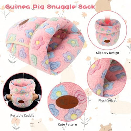 YUEPET Guinea Pig Bed Cuddle Cave, Warm Fleece Hideout, Pink Flower