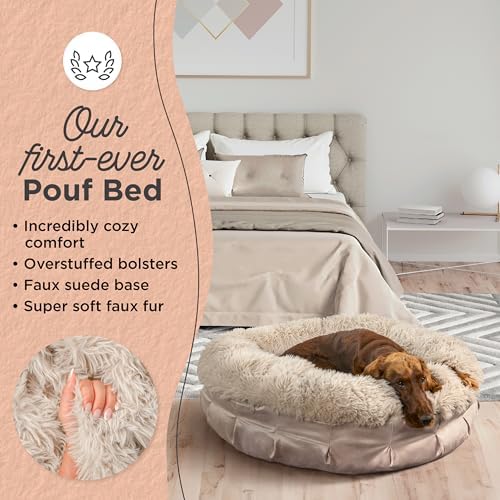Best Friends by Sheri Ultra Calming Pouf Bed, Orthopedic Round Dog Bed for Joint Support, Faux Fur, Washable Cover, Tan, Large, 36"x36"