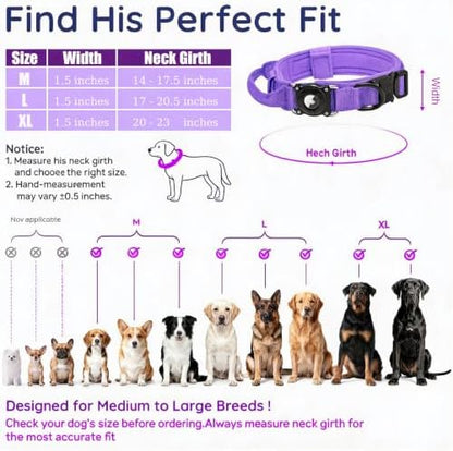 Tactical AirTag Dog Collar with Waterproof Holder(1st/2nd Generation) | Military-Grade Adjustable Collar, Comfortable Control Handle & Metal Buckle for Medium Dogs，Smart QR ID tag (Purple, M)