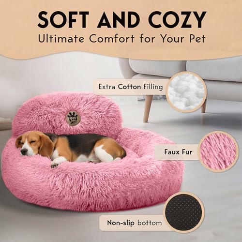 PetJett Calming Medium Dog Bed - 30'' Round Dog Beds, Anti-Slip & Washable Super Soft Fluffy Plush Donut Bed, Anti-Anxiety Premium Comfort Pet Bed, Fits Dogs up to 45 lbs - Pink