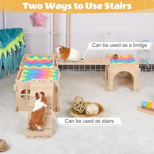 Unicorn Catcher 3 Pack Wooden Guinea Pig Hideout House with Stairs & Mats