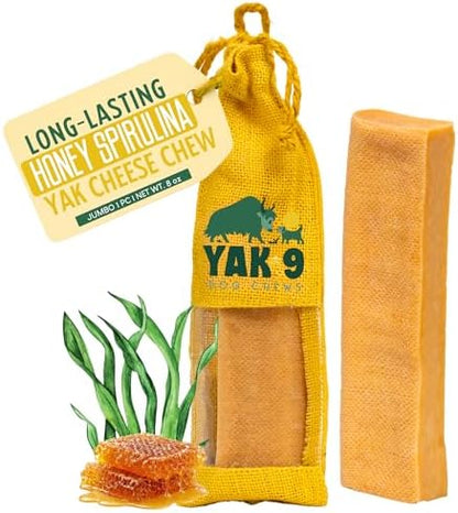 Yak9 Himalayan Yak Cheese Dog Chew, Honey & Spirulina | High Protein Treats, High Fiber, Rawhide Free, Long Lasting Treats | Jumbo Size Flavored Yak Chew, 1 PC