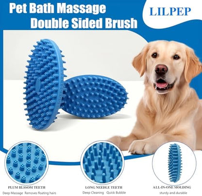 Dog Grooming Brush, Lilpep Pet Shampoo Bath Brush Soothing Massage Rubber Comb with Adjustable Ring Handle for Long Short Haired Dogs and Cats (2 pale blue, 2 sided brush)