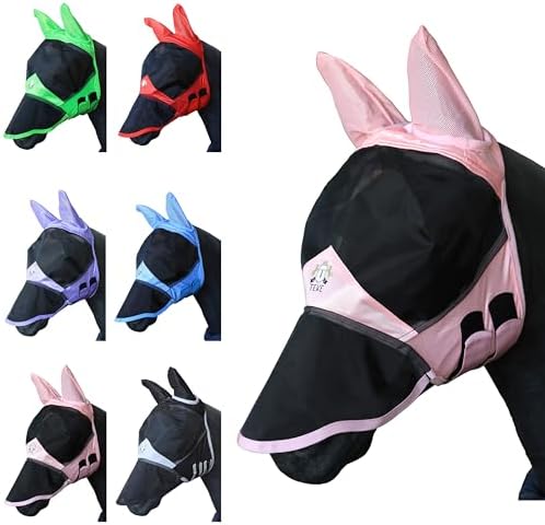T TEKE Fine Mesh Horse Fly Mask w/Ears & Nose, UV Blocking 3D Eye Visor with Extra Fleece Cushioned Forehead, Protection from Insect Pests