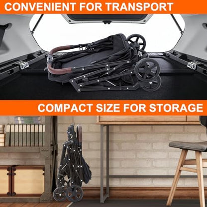Dog Stroller with No-Zip Buckle Canopy, fits 2 Small Cats or 1 Medium pet,44 lbs Capacity One-Hand Fold,Lockable Front Wheels, Rear Brake