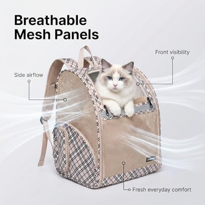 Cat Backpack Carrier for Small Dogs and Medium cat Puppy Kitten Bunny Pet Carrier Backpack Collapsible with Fully Ventilated Mesh with Safety Leash (Khaki, 12.9" L x 10.62" W x 15.5" H - M)