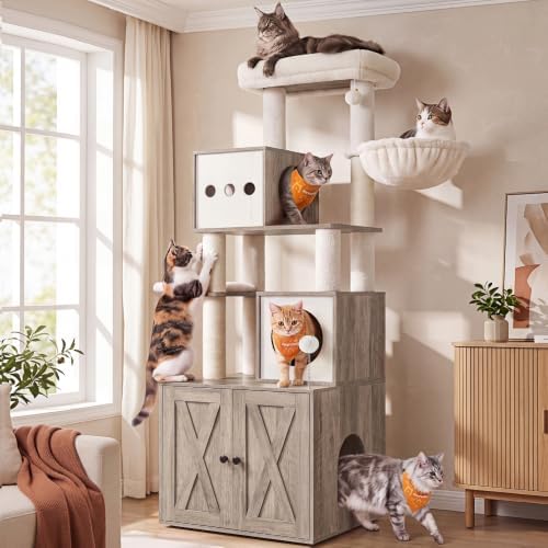 Feandrea Cat Tree with Litter Box Enclosure, 70.1-Inch Tall Cat Tower