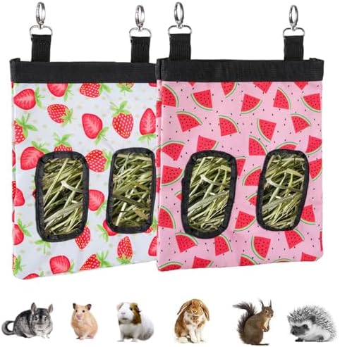 DZWLKJ 2 Pack Hay Feeder, Hanging Rabbit Hay Feeder, Guinea Pig Hay Bag, 11 x 9 x 1 Inches | Upgraded Stainless Steel Buckle | 600D Oxford | Watermelon and Strawberry
