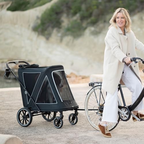 Beberoad 2-in-1 Dog Stroller & Bike Trailer for Large Dogs, R7 All-Terrain Pet Stroller with ER Tires & Shock Absorption, One-Second Fold, 360° Mesh Ventilation, Detachable Washable Waterproof Fabric