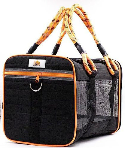 Buddy's Best Airline Approved Pet Carrier – Black & Orange Heavy Duty, Fits Under Seat, TSA Compliant, Ventilated Mesh Design w/Waterproof Base & Reflective Safety Strips