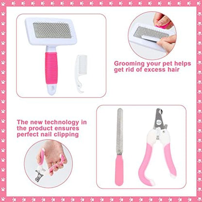 VCZONE Pink Small Animal Grooming Kit with Nail Clipper, Flea Comb, Shampoo Brush, Slicker Brush, Massage Glove for Rabbits
