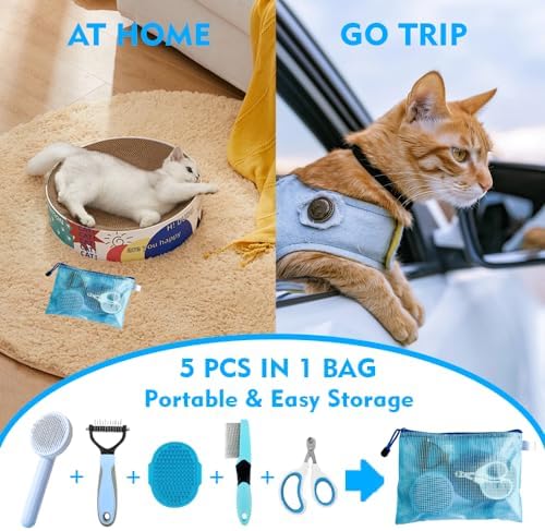 Grooming Brush Kit - 5pcs for Shedding & Matted Fur, Self-Cleaning with Flea Comb for Indoor Long-Haired Cats, Blue