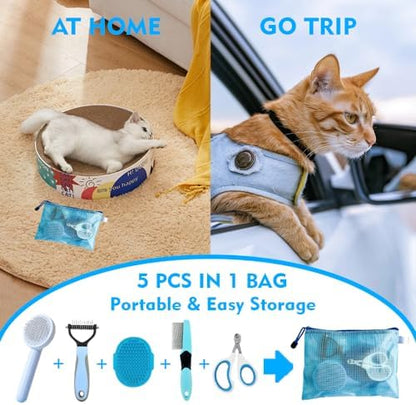 Grooming Brush Kit - 5pcs for Shedding & Matted Fur, Self-Cleaning with Flea Comb for Indoor Long-Haired Cats, Blue