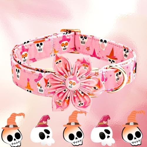 Elegant little tail Halloween Dog Collar, Ghosts Print Pumpkin Pet Collars with Flower Puppy Collar Flower Female or Male Cotton Adjustable Collars for Small Medium Large Dogs