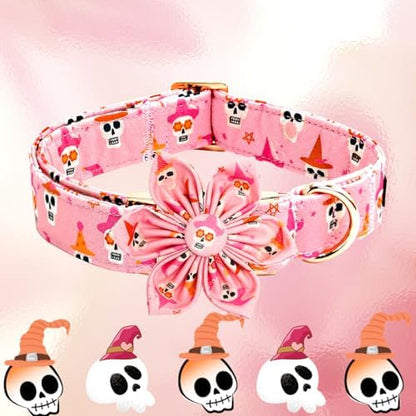 Elegant little tail Halloween Dog Collar, Ghosts Print Pumpkin Pet Collars with Flower Puppy Collar Flower Female or Male Cotton Adjustable Collars for Small Medium Large Dogs