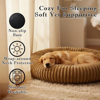 Short Plush Dog Bed Donut, Ultra-Soft & Machine Washable Dog Beds, Durable Round Calming Pet Bed for Cats and Small, Medium, Large Dogs (Coffee Brown, Large)