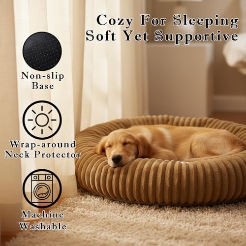Short Plush Dog Bed Donut, Ultra-Soft & Machine Washable Dog Beds, Durable Round Calming Pet Bed for Cats and Small, Medium, Large Dogs (Coffee Brown, Small)
