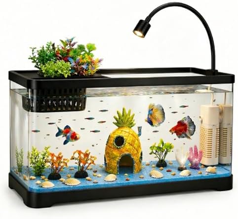 5 Gallon Fish Tank Aquarium Starter Kit with Filter and Light(Large Black)