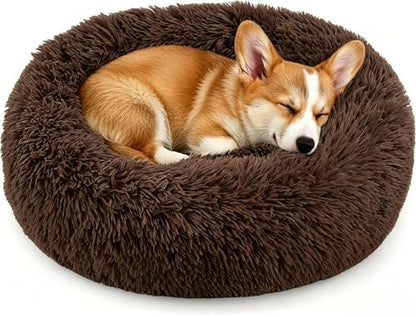 Calming Donut Dog and Cat Bed for Indoor Cats, Anti-Anxiety Round Fluffy Soft Washable Small Pet Bed for Puppy and Kitten, Warming Comfortable Luxury Anti-Slip Waterproof Mute Base 20in Coffee