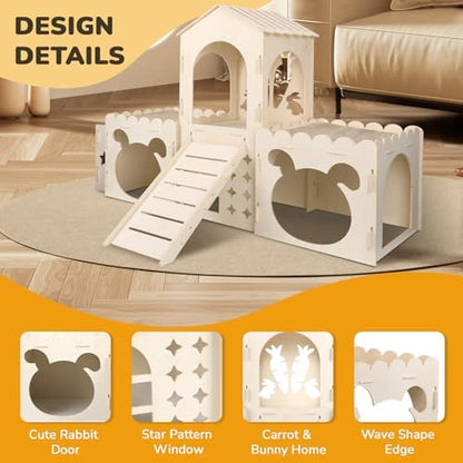 Extra Large Rabbit Castle, Wooden Bunny House & Hay Feeder, Detachable Rabbit Hideaway, Indoor Rabbit Castle with Ramp, Small Animal Houses & Habitats with Sisal Mat