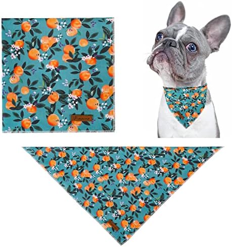 Summer Dog Bandana - Comfortable Cotton Triangle Bid Scarf for Medium Large Dogs - Washable Pet Kerchief for Girl Boy - Peach and Green Classic Scarf