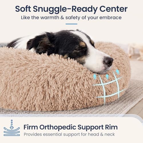 JOLLYVOGUE Calming Washable Dog Bed Medium Size Dog, 31 Inch Donut Medium Dog Bed with Removable Cover, Anti-Slip Round Fluffy Faux Fur Bed, Fits up to 45 lbs Pets, Camel