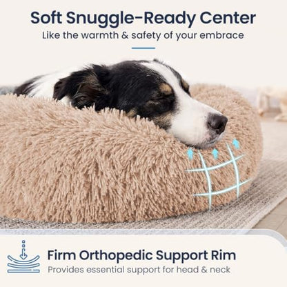 JOLLYVOGUE Calming Washable Dog Bed Medium Size Dog, 31 Inch Donut Medium Dog Bed with Removable Cover, Anti-Slip Round Fluffy Faux Fur Bed, Fits up to 45 lbs Pets, Camel